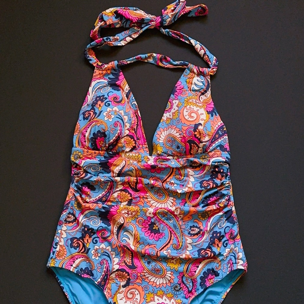 Lucky Brand One Piece Swimsuit Small Paisley Halter Tie Removable Cups NWOT - Picture 3 of 15